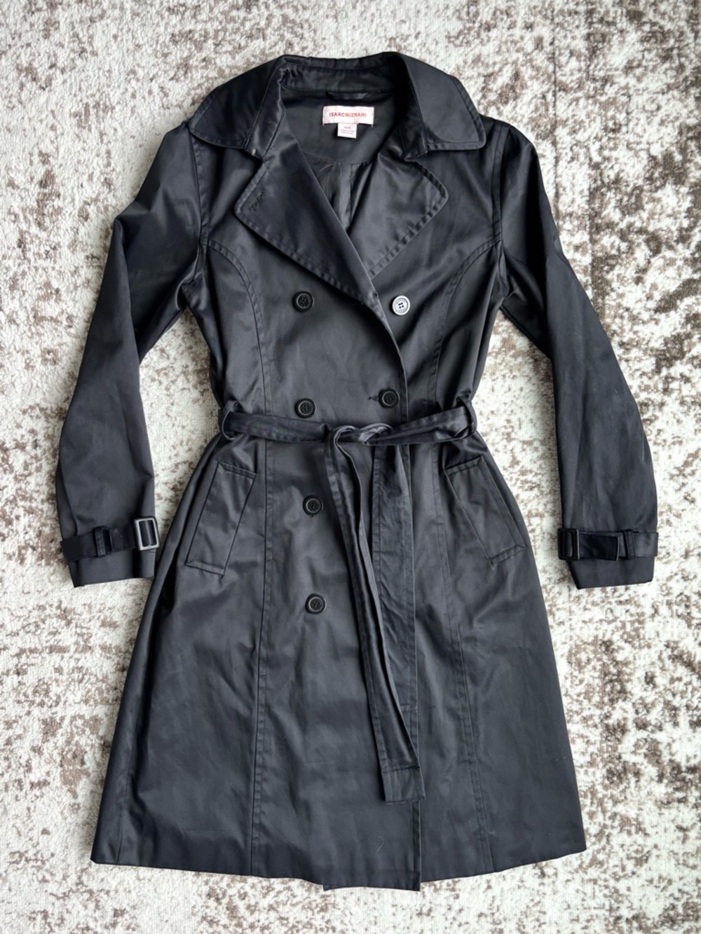 Isaac Mizrahi Black Long Double-Breasted Belted Trench Coat